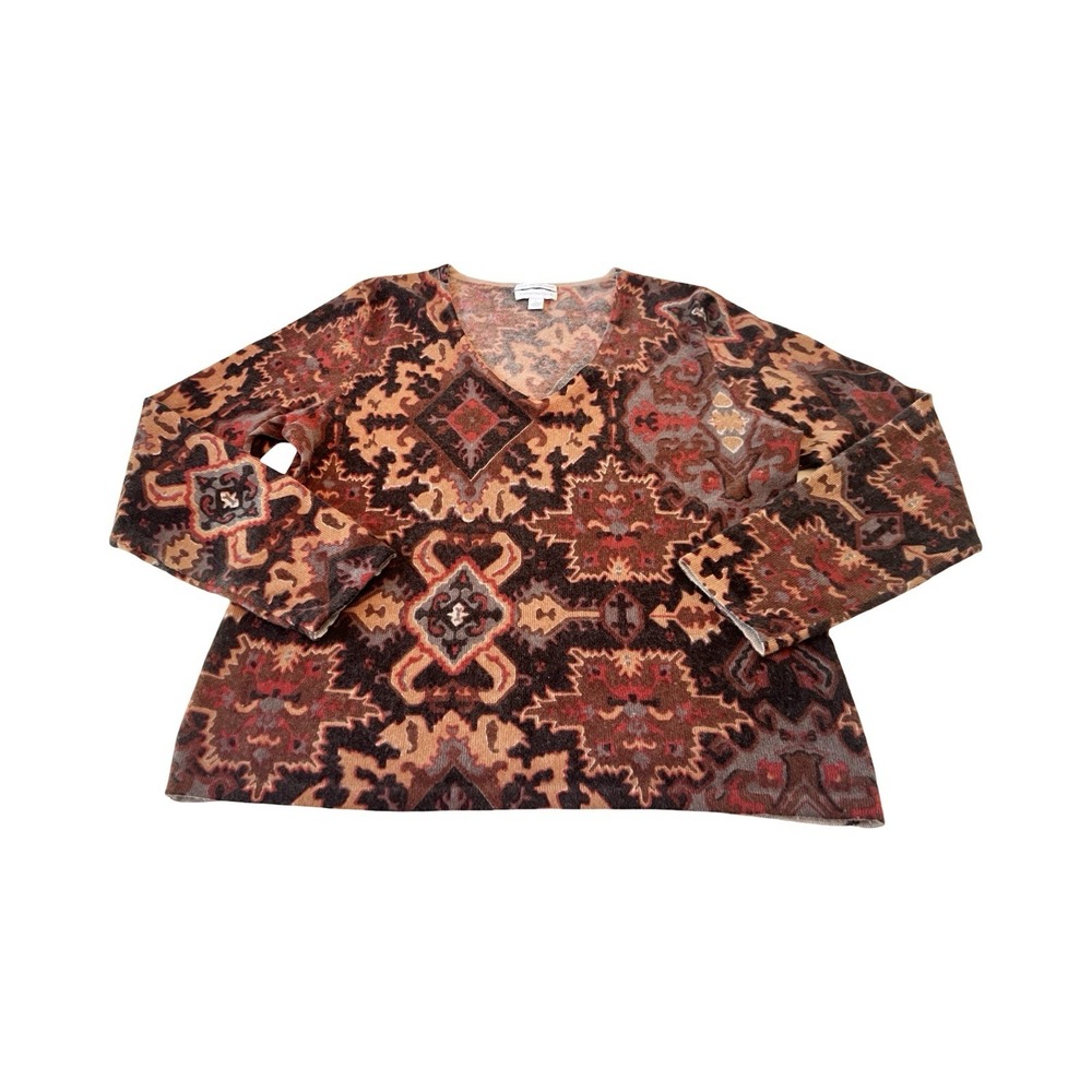 Charter Club Womens 100% Cashmere V-Neck Sweater‎ Brown Geometric Tapestry Large